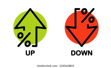 Porcentaje con flechas arriba y abajo. Flecha con icono de porcentaje. Porcentaje de aumento y reducción. Crecer y disminuir por ciento. Elemento para las empresas, la banca, el crédito, el tipo de interés, el ámbito financiero