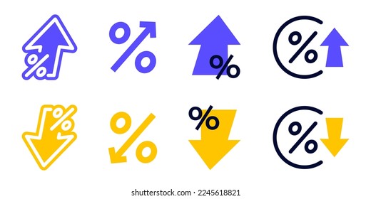 Porcentaje con flechas arriba y abajo. Flecha con icono de porcentaje. Porcentaje de aumento y reducción. Crecer y disminuir por ciento. Elemento para las empresas, la banca, el crédito, el tipo de interés, el ámbito financiero