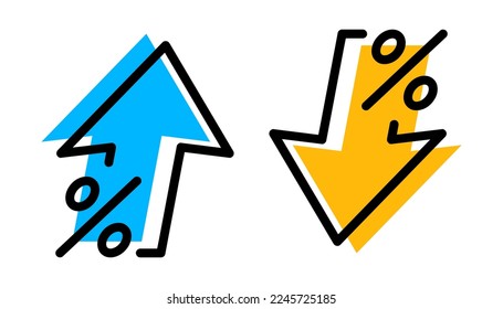 Porcentaje con flechas arriba y abajo. Flecha con icono de porcentaje. Porcentaje de aumento y reducción. Crecer y disminuir por ciento. Elemento para las empresas, la banca, el crédito, el tipo de interés, el ámbito financiero