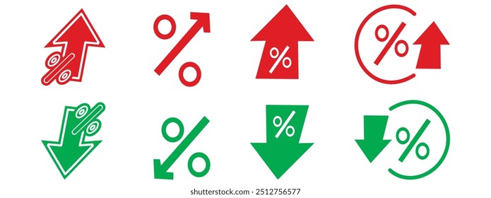 Percent with arrows up and down. Arrow with percentage icon. Increasing and reduction percentage. Growing and decline percent. Element for business, banking, credit, interest rate, finance sphere.