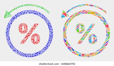 Percent back collage icon of triangle elements which have different sizes and shapes and colors. Geometric abstract vector illustration of percent back.