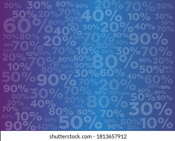 Porcentaje de antecedentes con un pequeño captador. Banner violeta y azul con porcentaje 10 20 30 40 50 60 70 80 90 para ventas o promoción.