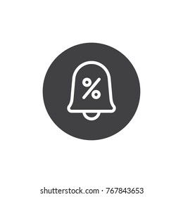 Percent bell icon vector, filled flat sign, solid pictogram isolated on white.  Sale reminder symbol, logo illustration.