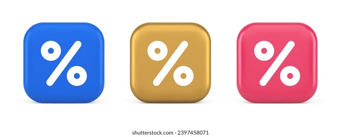 Percent button mathematical counting financial business investment 3d realistic blue gold and pink icons. Percentage math sale discount commercial information keyboard panel emblem