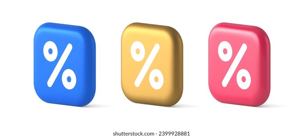 Percent button mathematical counting financial business investment 3d realistic blue gold and pink icons. Percentage math sale discount commercial information keyboard panel emblem