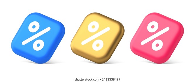 Percent button mathematical counting financial business investment 3d realistic blue gold and pink icons. Percentage math sale discount commercial information keyboard panel emblem