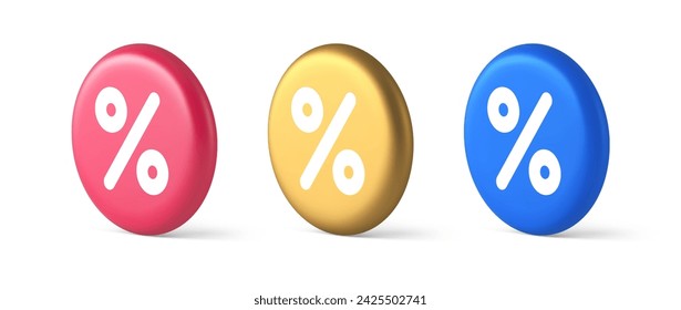 Percent button mathematical counting financial business investment 3d realistic blue gold and pink icons. Percentage math sale discount commercial information keyboard panel emblem