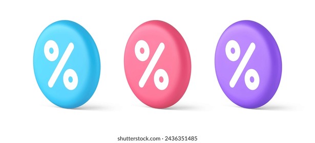 Porcentaje del botón matemático conteo financiero inversión empresarial 3d realista azul rosa y púrpura iconos. Porcentaje de descuento en ventas información comercial emblema del panel del teclado