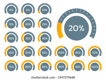 Percent chart set. Percentage gauge meter for business infographics. Loading speedometer with progress bar. Vector illustration.