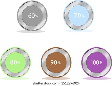 Percent circle counter discount buttons with drop shadow in white background, 5 in set with different colors, start from 60%, 70%, 80%, 90%, 100%, 