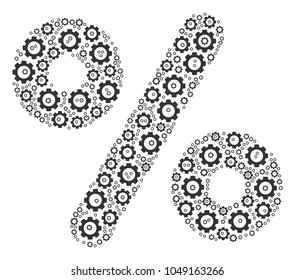 Percent collage of cog wheels. Vector mechanical wheel pictograms are composed into percent illustration.