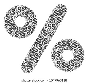 Percent collage of dollar symbols. Vector dollar pictograms are organized into percent collage.