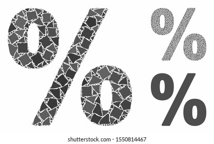 Percent composition of abrupt items in various sizes and color tints, based on percent icon. Vector irregular items are united into collage. Percent icons collage with dotted pattern.