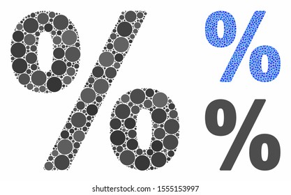 Percent composition of small circles in various sizes and color tones, based on percent icon. Vector random circles are composed into blue composition. Dotted percent icon in usual and blue versions.