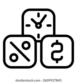 Percent, currency, clock line icon, bank and finance concept. Vector graphics. Three cubes, deposit sign on white background, style mobile or design