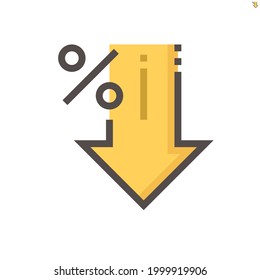 Percent Decrease Vector Design. Consist Of Down Arrow And Percent Sign, Icon Or Symbol. Concept For Percentage Of Interest Rate, Loss Profit,  Stock Price Or Discount. Editable Line Stroke  48x48 Px.
