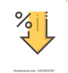 Percent decrease vector design. Consist of down arrow and percent sign, icon or symbol. Concept for percentage of interest rate, loss profit, stock price or discount. Editable line stroke 48x48 px.	
