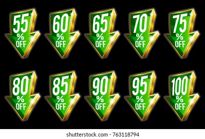 Percent discount off sale gold 3D arrows isolated on black background
