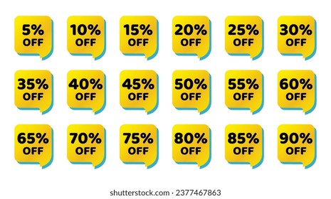 Percent discount offer sale stickers in call out yellow gradient and sky blue color. Discount sale off tag, 50, 20, 10, 40, 30, 60, 70, 45, 90, 5, 15 percent. Set sale offer emblem.