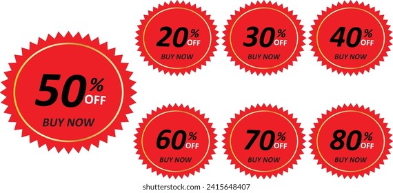 Percent discount sticker discount price tag set. Red and Black round shape promote TAG buy now with sell off up to 20, 30, 40, 50, 60, 70, 80 percentage vector illustration isolated on white