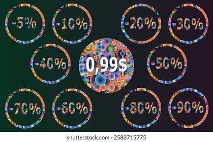 Percent discount sticker discount price tag set. Promote buy now with sell off up to 5, 10, 20, 30, 40, 50, 60, 70, 80, 90 percentage vector illustration isolated.