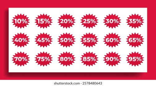 Percent discount tag sticker collection. Set of percentage discount tag for sale. Set of red color tags with percentage discounts