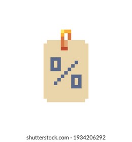 Percent discount tag template badge pixel art icon. Shop symbol design for logo, sticker, mobile app, website, badges and patches. 8-bit sprite. Isolated vector illustration.