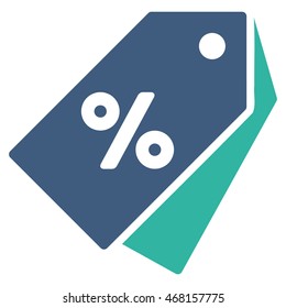 Percent Discount Tags icon. Vector style is bicolor flat iconic symbol with rounded angles, cobalt and cyan colors, white background.