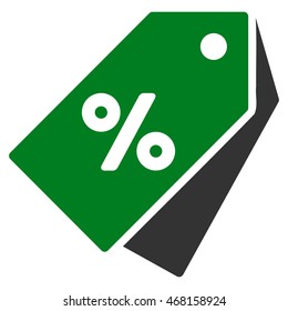 Percent Discount Tags icon. Vector style is bicolor flat iconic symbol with rounded angles, green and gray colors, white background.