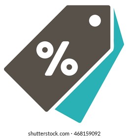 Percent Discount Tags icon. Vector style is bicolor flat iconic symbol with rounded angles, grey and cyan colors, white background.