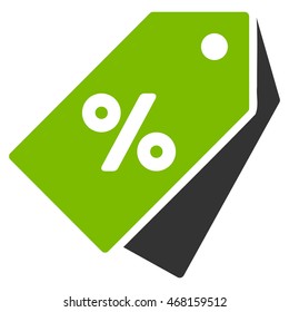 Percent Discount Tags icon. Vector style is bicolor flat iconic symbol with rounded angles, eco green and gray colors, white background.