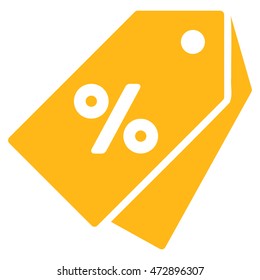 Percent Discount Tags icon. Vector style is flat iconic symbol with rounded angles, yellow color, white background.