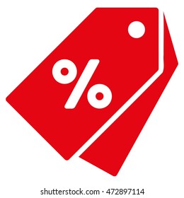 Percent Discount Tags icon. Vector style is flat iconic symbol with rounded angles, red color, white background.