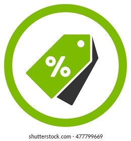 Percent Discount Tags rounded icon. Vector illustration style is flat iconic bicolor symbol, eco green and gray colors, white background.