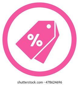 Percent Discount Tags rounded icon. Vector illustration style is flat iconic symbol, pink color, white background.