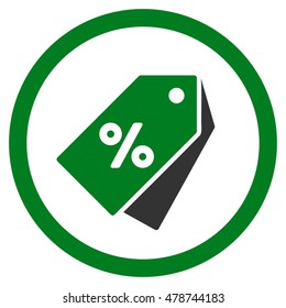 Percent Discount Tags rounded icon. Vector illustration style is flat iconic bicolor symbol, green and gray colors, white background.