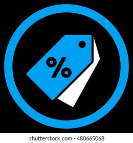 Percent Discount Tags rounded icon. Vector illustration style is flat iconic bicolor symbol, blue and white colors, black background.