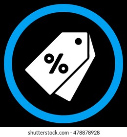 Percent Discount Tags vector bicolor rounded icon. Image style is a flat icon symbol inside a circle, blue and white colors, black background.
