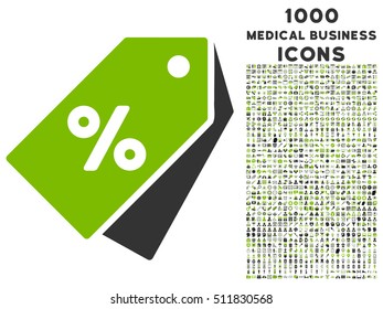 Percent Discount Tags vector bicolor icon with 1000 medical business icons. Set style is flat pictograms, eco green and gray colors, white background.
