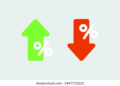 Percent up and down arrow icon. Green upward and red downward arrow set. Flat vector isolated design illustration on background.