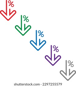 Percent down arrow icon, speedy economic growth concept. 5 colors option icon. Vector illustration flat design UI and UX