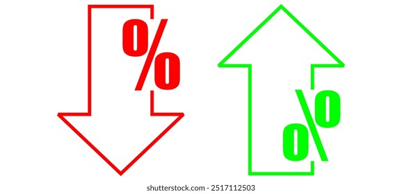 Percent down and up arrow sign Red And Green editable stroke outline icon isolated on white background flat vector illustration.
