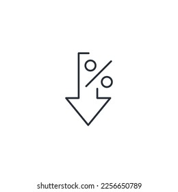 Percent and down arrow. Vector linear icon isolated on white background.