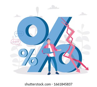 Percent down business concept with businessman with notebook. Vector illustration for web banner, infographics, mobile.