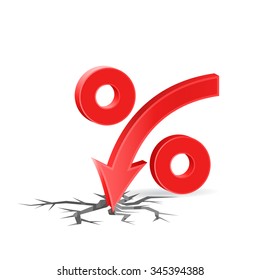 Percent down with cracked surface, low profit concept sign, 3d vector on white background, eps 10