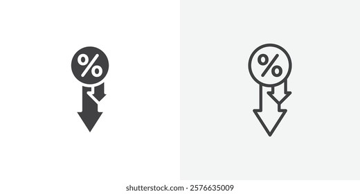 Percent down icon set in black flat solid and outlined style.