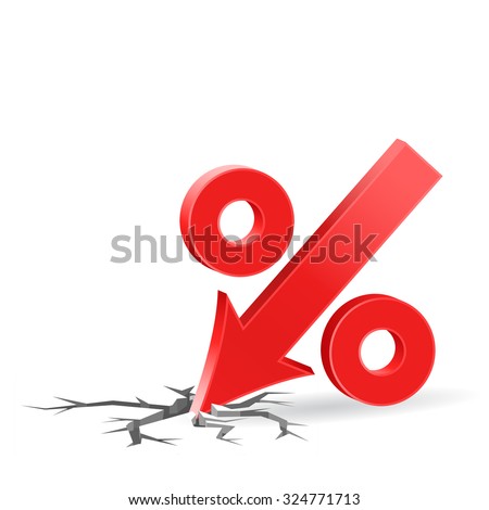 Percent down icon with surface crack, crisis concept sign, 3d vector on white background, eps 10