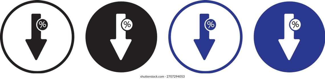 Conjunto de ícones de porcentagem para baixo, símbolos de estilo plano e linha para financeiro, negócios, ícones de porcentagem para baixo em versões em preto e branco para ilustração de vetor da Web,
