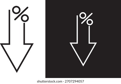 Conjunto de iconos de porcentaje hacia abajo, símbolos de estilo plano y de línea para financieros, negocios, paquete de iconos de porcentaje hacia abajo en versiones en blanco y negro para Ilustración vectorial de Web,

