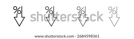 Percent down icons. thin line symbols in strokes